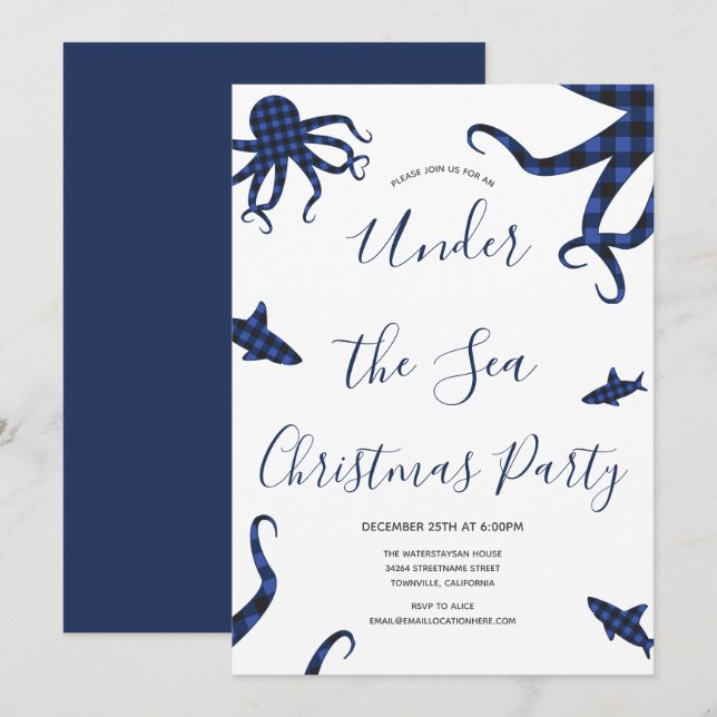 Invitación Fiesta de Navidades de Animales de Blue Plaid bajo (Anverso / Reverso)