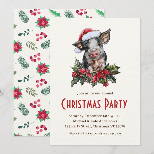 Invitación Fiesta de Navidades de animales de granja de lecho (Anverso / Reverso)