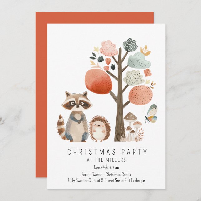 Invitación Fiesta de Navidades de Animales Forestales minimal (Anverso / Reverso)