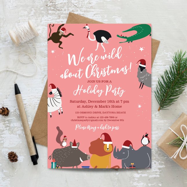 Invitación Fiesta de Navidades de animales salvajes (Wildlife Animals Christmas Party Invitation)