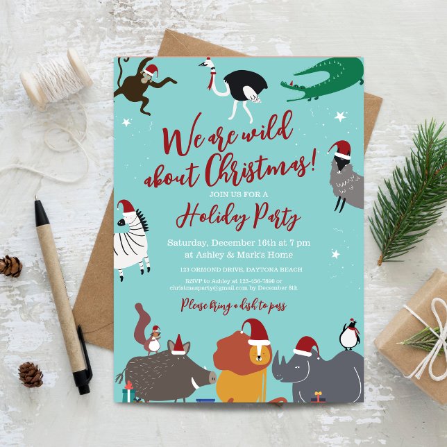 Invitación Fiesta de Navidades de animales salvajes (Wildlife Animals Christmas Party Invitation)