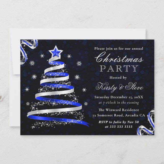 Invitación Fiesta de Navidades de árbol de cinta azul y plate (Anverso)