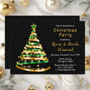 Invitación Fiesta de Navidades de árbol de cinta verde y dora