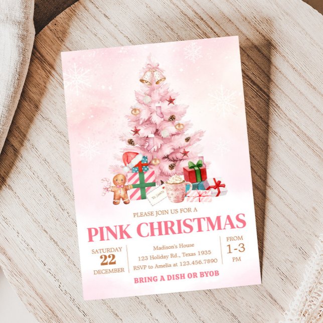 Invitación Fiesta de Navidades de árbol de invierno rosado (Pink Winter Christmas Tree Christmas Party Invitation)