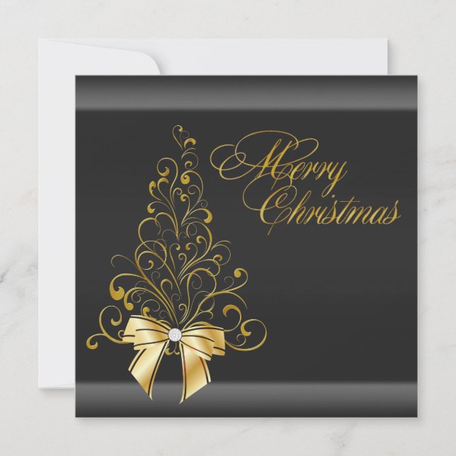 Invitación Fiesta de Navidades de Árbol de Navidad Black Gold (Anverso)