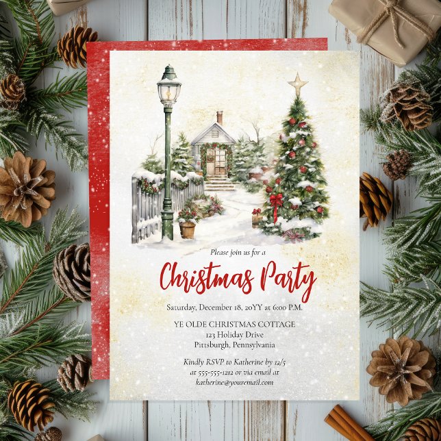 Invitación Fiesta de Navidades de árbol de vacaciones nostálg (Nostalgic Vintage Holiday Tree Christmas Party Invitation)