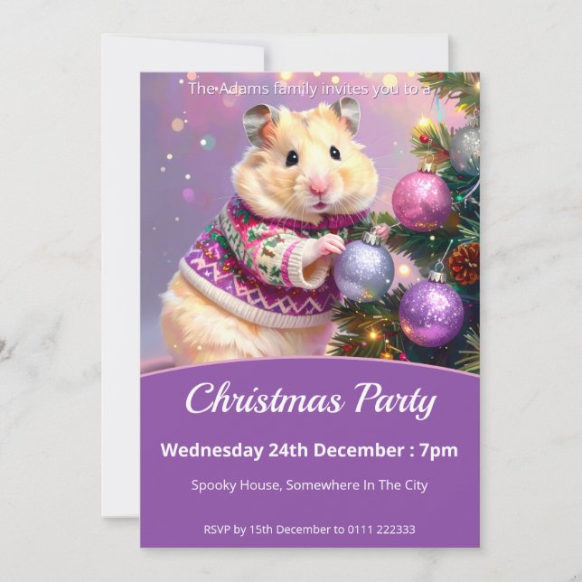 Invitación Fiesta de Navidades de árbol decorativo de hámster (Anverso)
