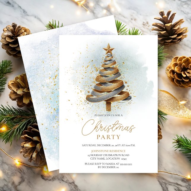 Invitación Fiesta de Navidades de árbol Purpurina de imitació (Gold and silver faux glitter ribbon tree Christmas Party invitation front and back view.)