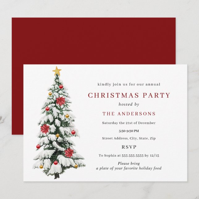 Invitación Fiesta de Navidades de árbol tradicional verde roj (Anverso / Reverso)