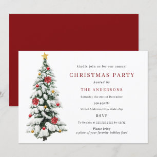 Invitación Fiesta de Navidades de árbol tradicional verde roj