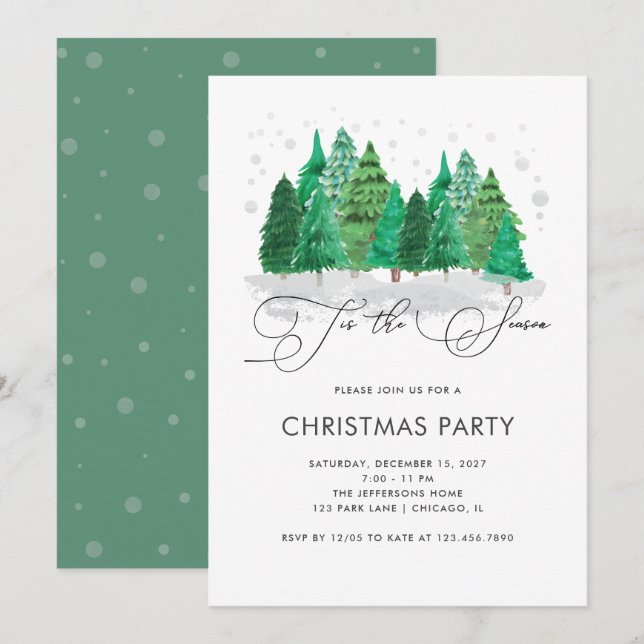 Invitación Fiesta de Navidades de Árboles de Navidad acuarela (Anverso / Reverso)