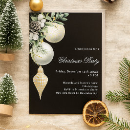 Invitación Fiesta de Navidades de baubles blancos de oro negr