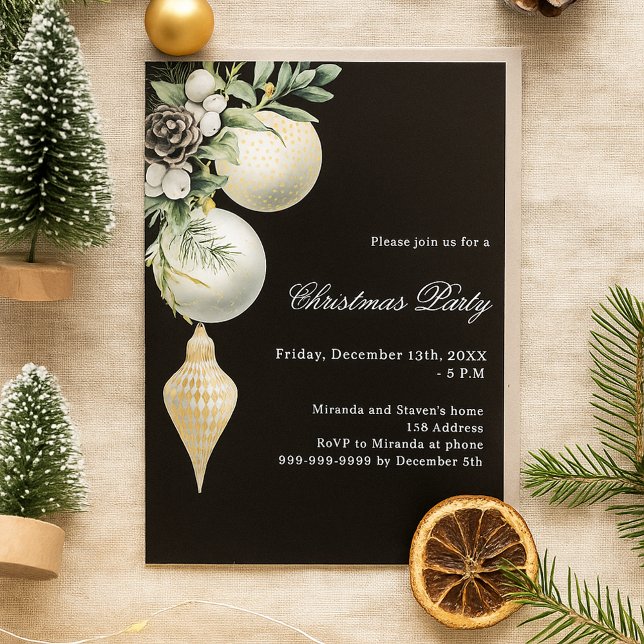 Invitación Fiesta de Navidades de baubles blancos de oro negr (Subido por el creador)