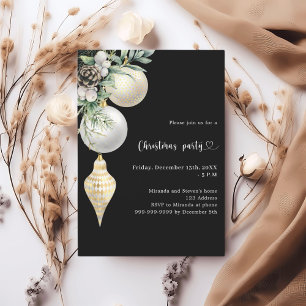 Invitación Fiesta de Navidades de baubles blancos de oro negr