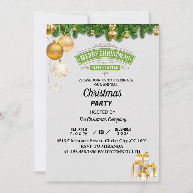 Invitación fiesta de Navidades de baubles blancos y dorados (Anverso)