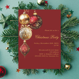 Invitación Fiesta de Navidades de baubles de oro rojo