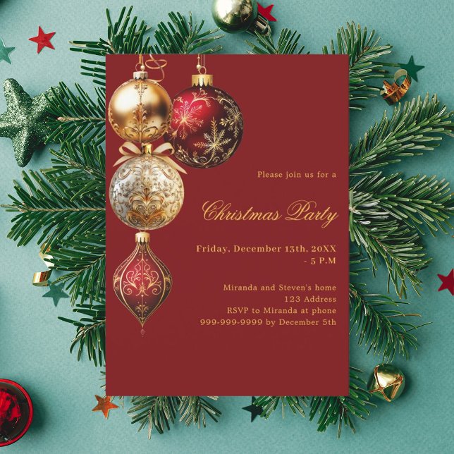 Invitación Fiesta de Navidades de baubles de oro rojo (Subido por el creador)