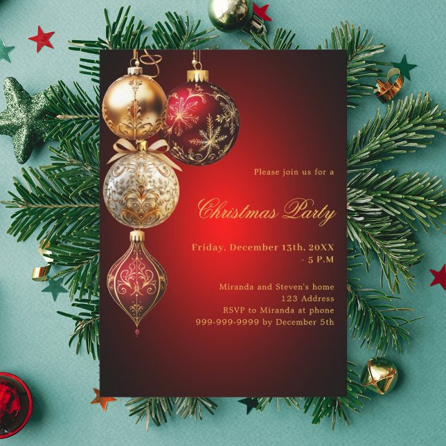 Invitación Fiesta de Navidades de baubles de oro rojo (Subido por el creador)