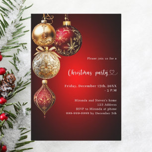 Invitación Fiesta de Navidades de baubles de oro rojo