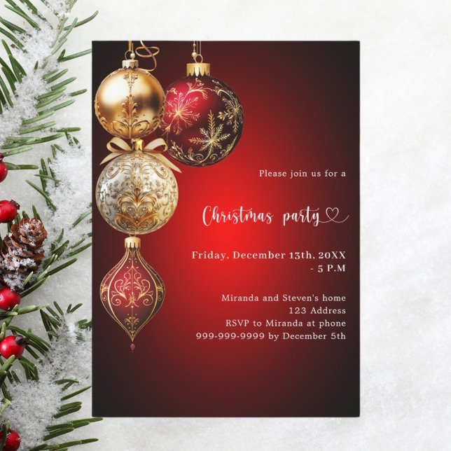 Invitación Fiesta de Navidades de baubles de oro rojo (Subido por el creador)
