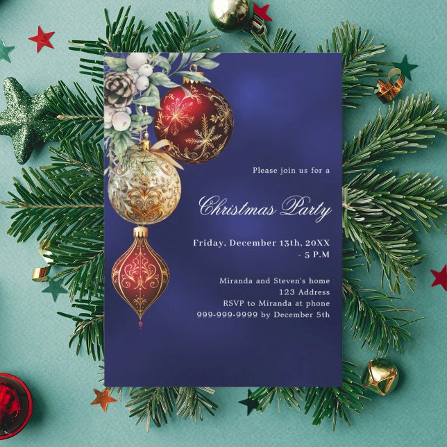 Invitación Fiesta de Navidades de baubles de oro rojo azul (Subido por el creador)