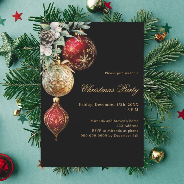 Invitación Fiesta de Navidades de baubles de oro rojo negro (Subido por el creador)