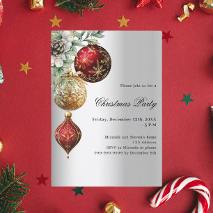 Invitación Fiesta de Navidades de baubles de oro rojo platead