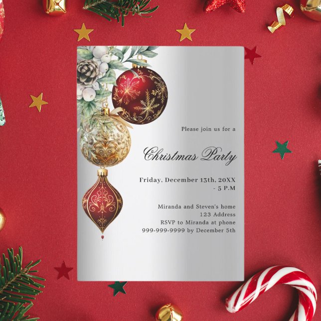 Invitación Fiesta de Navidades de baubles de oro rojo platead (Subido por el creador)