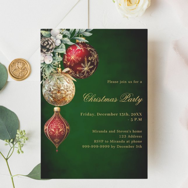 Invitación Fiesta de Navidades de baubles de oro rojo verde (Subido por el creador)