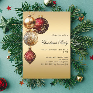 Invitación Fiesta de Navidades de baubles rojos dorados