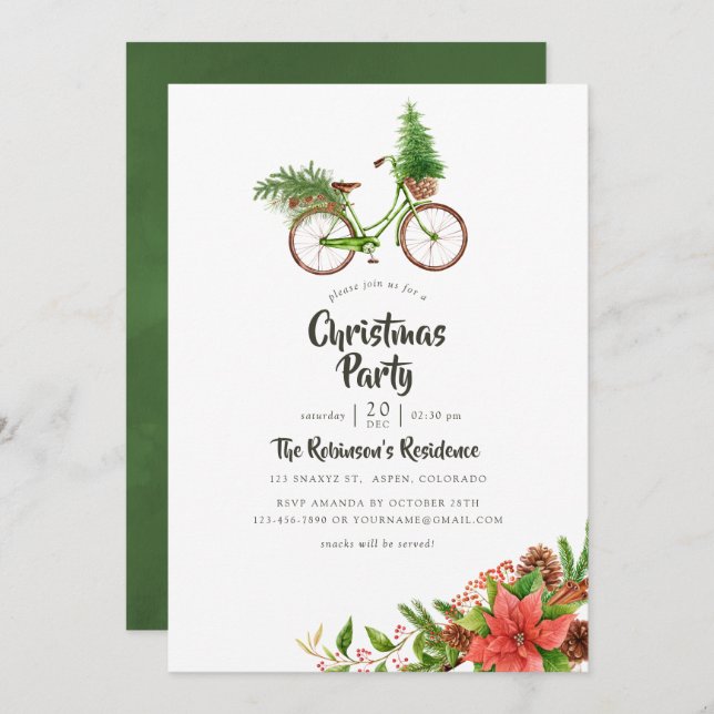 Invitación Fiesta de Navidades de bicicleta acuarela floral (Anverso / Reverso)