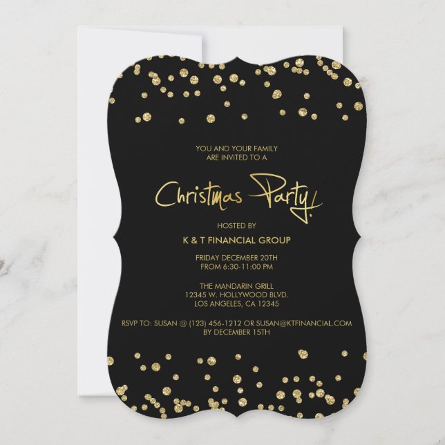 Invitación Fiesta de Navidades de Black and Gold Confetti Com (Anverso)