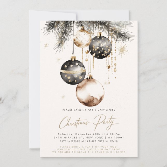 Invitación Fiesta de Navidades de Black Gold Beige Ornaments  (Anverso)