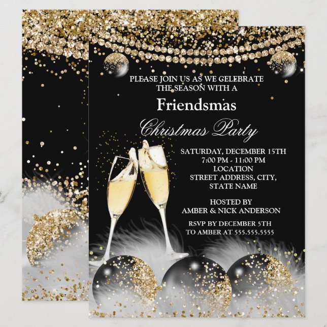 Invitación Fiesta de Navidades de Black Gold Champagne Friend (Anverso / Reverso)
