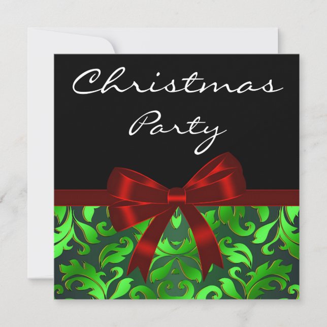 Invitación Fiesta de Navidades de Black Green Damask Red Bow (Anverso)