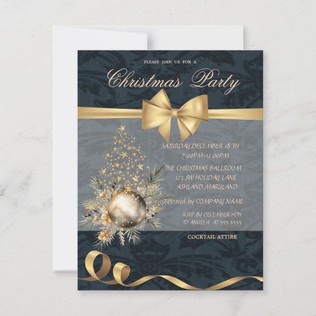 Invitación Fiesta de Navidades de bolas de oro de árbol de Na (Anverso)