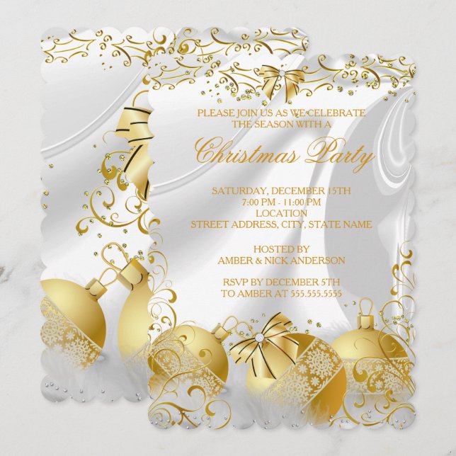 Invitación Fiesta de Navidades de Bow Bauble de seda blanca d (Anverso / Reverso)