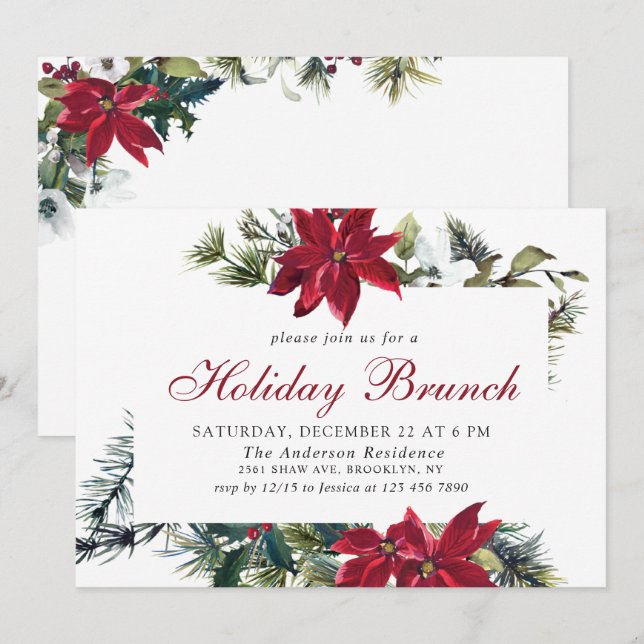 Invitación Fiesta de Navidades de Brunch festivo de Poinsetti (Anverso / Reverso)
