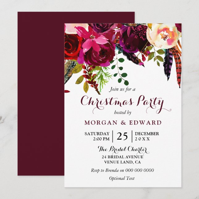 Invitación Fiesta de Navidades de Burgundy Boho Flowers (Anverso / Reverso)