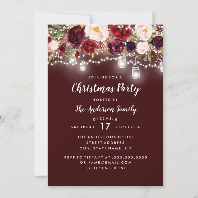 Invitación Fiesta de Navidades de Burgundy Floral Lights (Anverso)