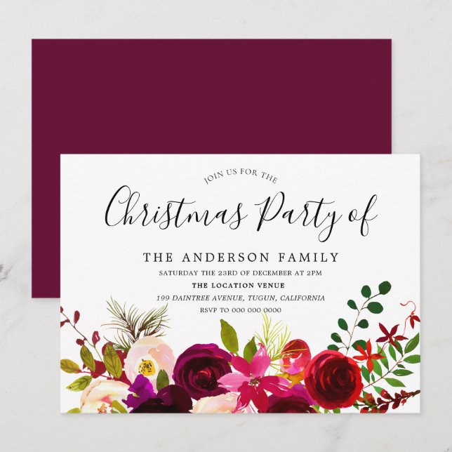 Invitación Fiesta de Navidades de Burgundy Red Floral Boho (Anverso / Reverso)