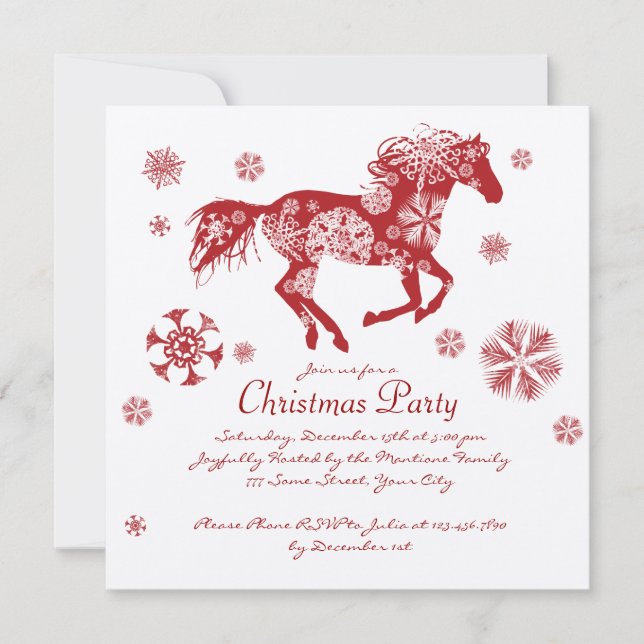 Invitación Fiesta de Navidades de caballos blancos y rojos fe (Anverso)