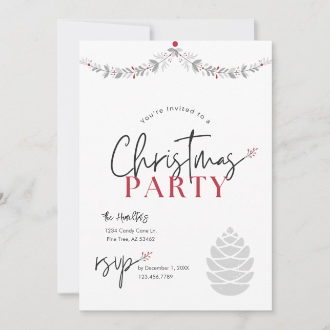 Invitación Fiesta de Navidades de caligrafía roja y gris (Anverso)