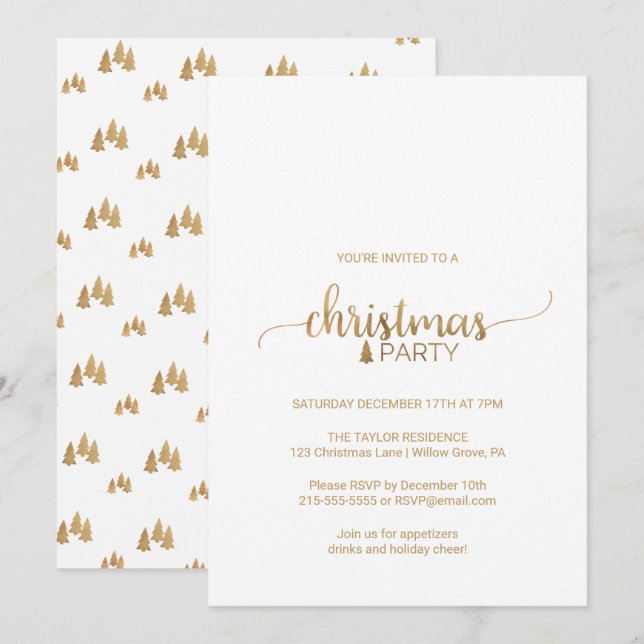 Invitación Fiesta de Navidades de caligrafía simple de oro (Anverso / Reverso)