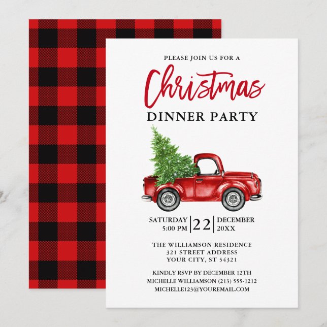 Invitación Fiesta de Navidades de Camión de Cepillo Rojo (Anverso / Reverso)