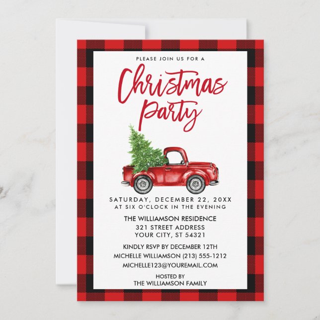 Invitación Fiesta de Navidades de Camión de Cepillo Rojo (Anverso)