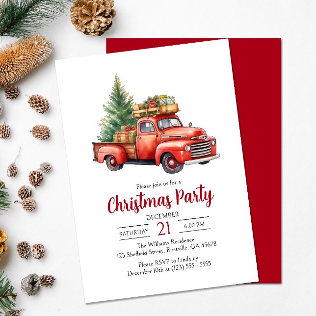 Invitación Fiesta de Navidades de camionetas rojas de vacacio (Delight your guests with our thoughtfully crafted red vintage truck Christmas party invitation.)