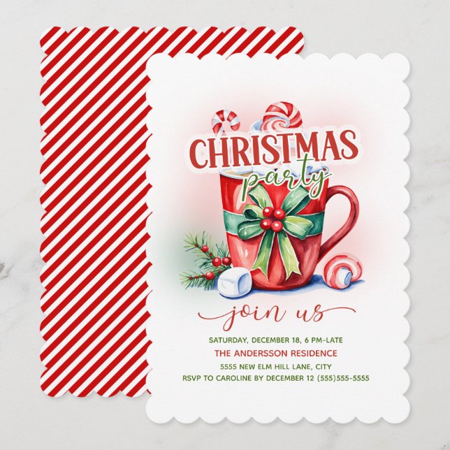 Invitación Fiesta de Navidades de Candy Cane de Cacao Calient (Anverso / Reverso)