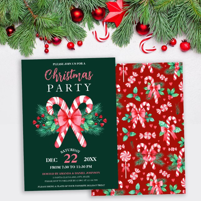 Invitación Fiesta de Navidades de Candy Cane de Peppermint (Watercolor Peppermint Candy Cane Christmas Party Invitation)