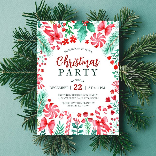Invitación Fiesta de Navidades de Candy Canes de Peppermint W (Watercolor Peppermint Candy Canes Christmas Party Invitation)